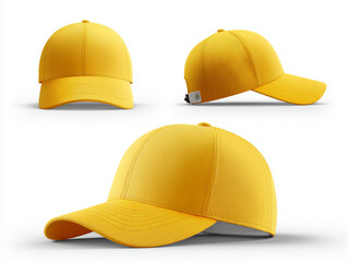 Three yellow baseball caps in different angles on white background for fashion and sports with sports cap and fashion hat