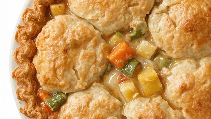 Glutenfree savory vegetable pot pie with flaky biscuit topping and creamy sauce for national pie day closeup