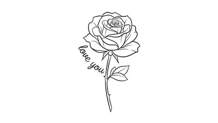 Rose with love you text in minimalist line art style with black and white color on plain white background for greeting card