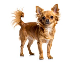 A small, tan, long-haired Chihuahua stands on a white background, looking straight ahead with perky ears and tail