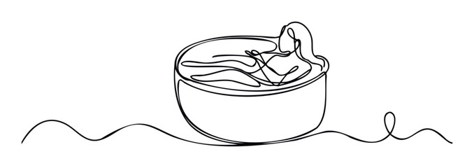 Minimalist continuous line drawing showing a relaxing soak in a bowl or bath, perfect for promoting spa, selfcare, and tranquil wellness related themes