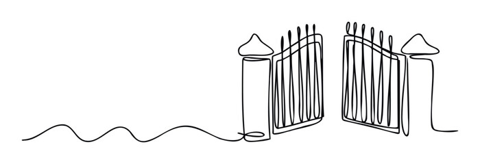 Simple continuous line drawing of an open gate with strong pillars and an inviting wavy path, perfect for designs representing new beginnings or an open journey.