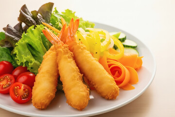 彩り野菜サラダを添えたエビフライの盛り付けイメージ