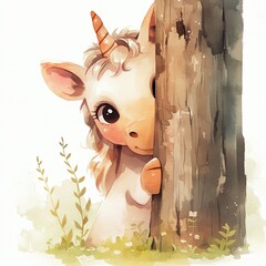 Cute baby unicorn peeking from behind tree in soft forest scene with pastel colors and dreamy light for children illustration