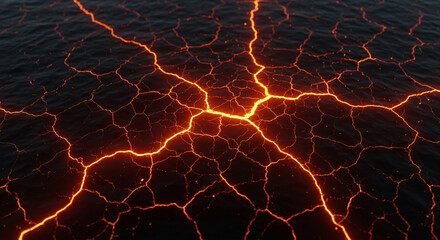 Dark surface with glowing orange cracks, resembling lava or magma flow, creating a dramatic and intense visual effect, symbolizing power, energy, and fiery passion