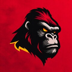 Fototapeta premium Intense Gorilla Face with Glowing Yellow Eyes on Red Photo Background primate animal