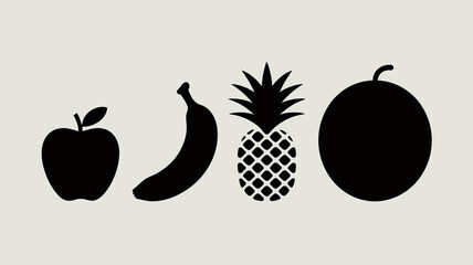 a simple illustration displays a selection of fruits including an apple a banana a pineapple and an orange in black silhouettes high quality professional detailed modern © Raian