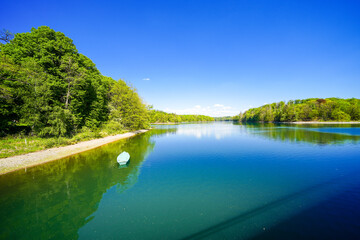 View from the Neye Dam of the surrounding landscape near Wipperf&uuml;rth. Nature at the reservoir.
