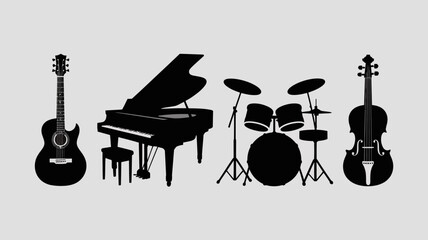 a minimalistic silhouette depiction showcasing the outlines of a piano acoustic guitar drum kit and violin representing musical instruments high quality professional detailed modern elegant stylish © Raian