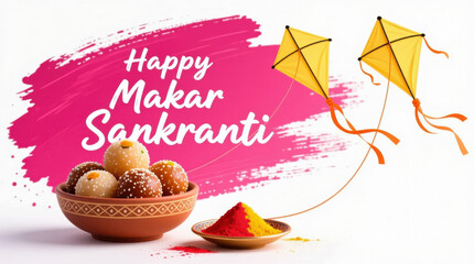 Happy Makar Sankranti festival with kites, sweets, and colorful powders