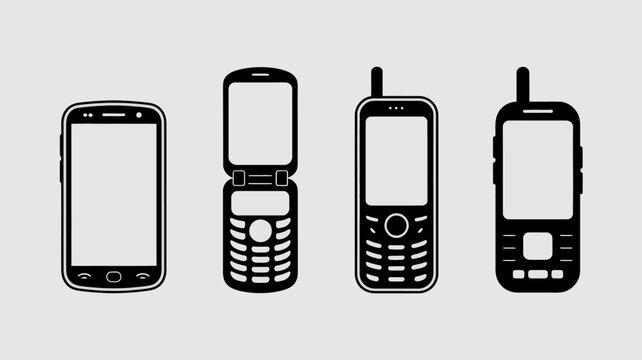 a minimalist depiction of four different mobile phone designs showcasing the evolution of cellular technology and varying form factors high quality professional detailed modern elegant stylish