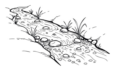 Handdrawn sketch illustrating a meandering river with visible rocks and flowing water, ideal for educational content, outdoor activity guides, or natureinspired graphic compositions.