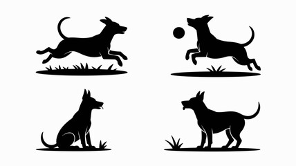 A striking silhouette illustration showcases playful dogs in various dynamic poses jumping sitting and gazing set against a grassy backdrop high quality professional detailed modern elegant