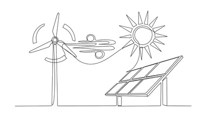 Renewable Energy Sources in Simple Line Art with White Background and Natural Lighting for Eco-Friendly Campaign