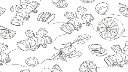 Croissants and citrus fruits in minimalist line art on white background for bakery advertising