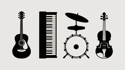 a minimalist arrangement showcasing a black silhouette of a guitar piano drum set and violin representing musical instruments high quality professional detailed modern elegant stylish clean © Raian