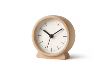 Wooden analog clock showing time on transparent background