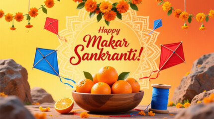 Happy Makar Sankranti festival with kites, oranges, and marigold flowers