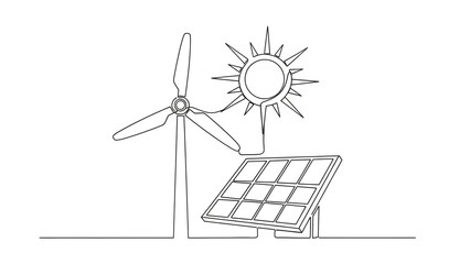Renewable Energy Sources in Simple Line Art with Bright Sunny Weather on White Background for Eco-Friendly Illustration