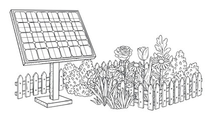Captivating line drawing depicting a solar panel next to a flourishing flower garden and a charming wooden fence, ideal for educational materials, sustainable living promotions, and