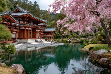 byakusan temple in kyoto, japan with cherry blossoms and pond, beautiful architecture, springtime.
