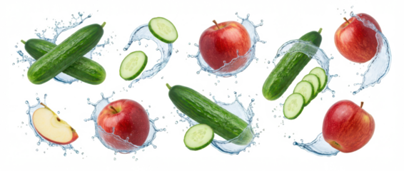 Ripe red apples and fresh green cucumbers splashing into water with slices creating dynamic motion and vibrant splashes water splash fruit vegetable healthy freshness hydration transparent background