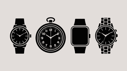 a collection of four different wristwatches and a pocket watch are displayed in a simple black silhouette style on a light gray background high quality professional