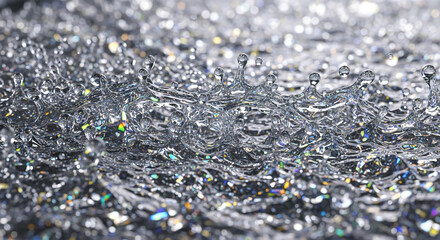 Close-up of a water splash, showcasing translucent droplets and iridescent reflections, creating a dynamic and elegant visual, ideal for background or design projects