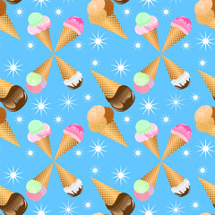 Ice cream in waffle cones and white stars.