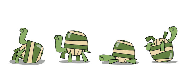 Cute cartoon turtle character set in different poses, hand drawn flat vector illustration for kids, stickers, animation and print.