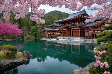 byakusan temple in kyoto, japan with cherry blossoms and pond, beautiful architecture, springtime.