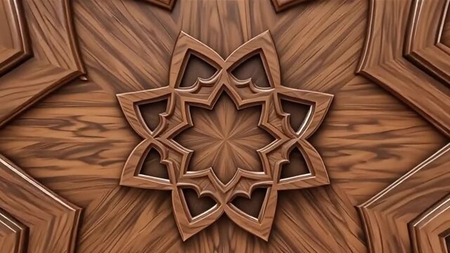 3D abstract wooden arabesque pattern forming a kaleidoscopic background with intricate, repeating geometric details.
