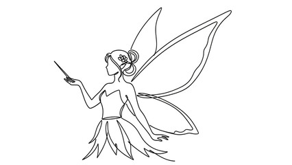 Fairy with wand in minimalist line art style with simple black and white coloring for illustration or graphic design