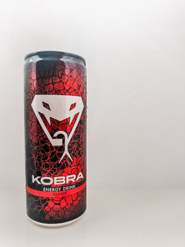 kobra energy drink isolated on light background with copy space