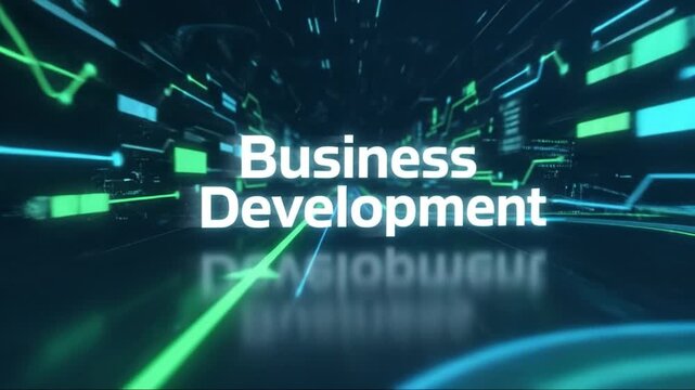 Business development text with glowing neon data lines and futuristic cityscape motion reflection. roadmap lines and arrowed paths symbolizing strategy growth and corporate planning. glowing neon