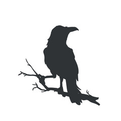 Obraz premium Silhouettes of raven. Crow on the branch art. Black icon of isolated bird. Gothic symbol. Drawing for tattoo. Forest scene