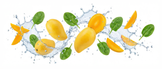 Ripe yellow mangoes and fresh green spinach leaves splashing into clear water with droplets creating a dynamic and refreshing visual water splash fruit healthy food drink transparent background