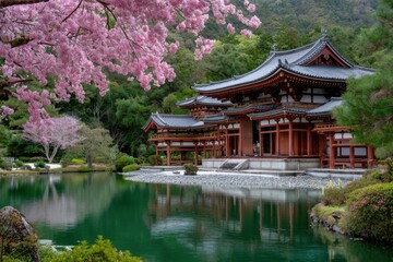 byakusan temple in kyoto, japan with cherry blossoms and pond, beautiful architecture, springtime.