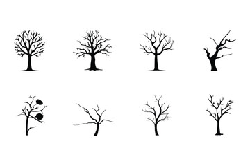 Diverse Bare Tree Silhouettes Set Leafless Winter, Dead Branches and Spooky Halloween Vector Icons