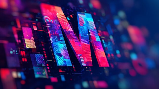 3D abstract letter M with vibrant digital circuit board texture image photo