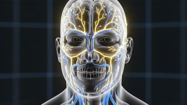 Cranial Nerves and Facial Nerve Pathways From Behind Ear 3D Medical Visualization
