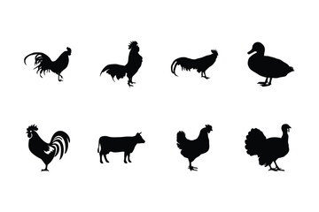 Farm Animal Silhouettes Vector Set Rooster, Cow, Duck, Chicken, Turkey Icons. Agricultural Livestock and Poultry Collection.
