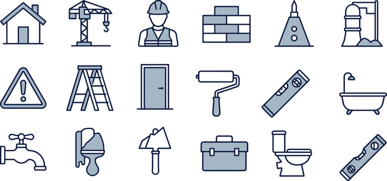 Construction, renovation, plumbing, and home improvement vector icons set, tools and equipment for building, repair, maintenance, safety, design
