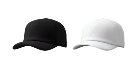 Elegant black and white baseball caps, perfect for branding and product display with a modern and sporty vibe.