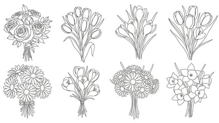 Floral Bouquets Collection in Minimalist Line Art Style with Simple Black Lines on White Background for Wedding Invitations