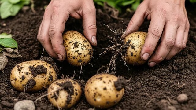 Harvesting potatoes in soil close up