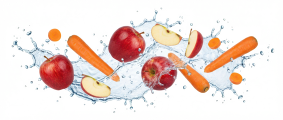 Fresh red apples and whole carrots splashing into clear water creating dynamic liquid splashes and droplets with visible seeds water splash fruit vegetable orange health healthy transparent background