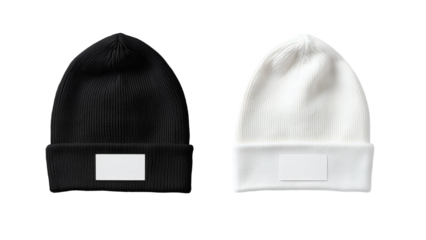 Two beanies in black and white with blank labels, ideal for product display or branding mockups