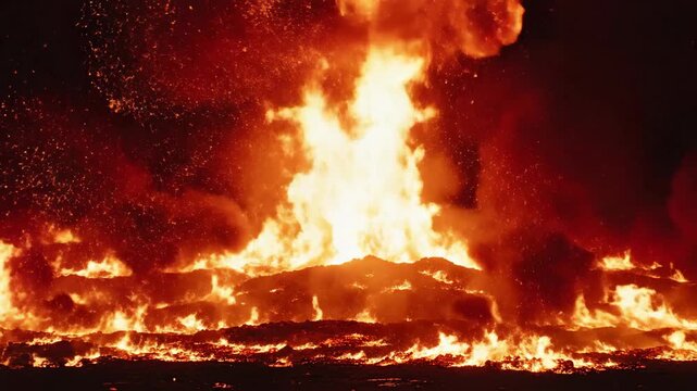 Fiery explosion with intense flames and smoke against a dark backdrop