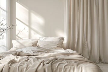 Minimalist bedroom interior featuring soft beige bedding and curtains, illuminated by natural light, creating a serene and inviting atmosphere, color Cloud Dancer